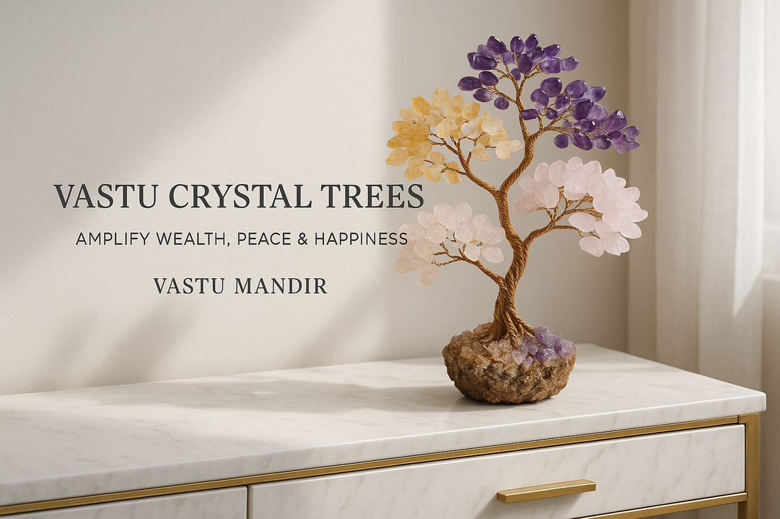 Vastu crystal tree on marble console under soft daylight — Citrine, Amethyst, Rose Quartz.