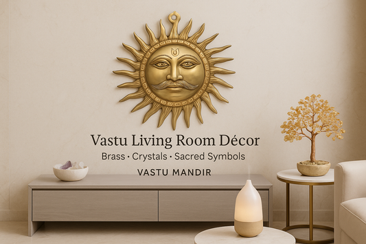 Luxury living room with brass Surya wall art, crystal tree décor, and selenite bowl — Vastu decorative items for positivity.