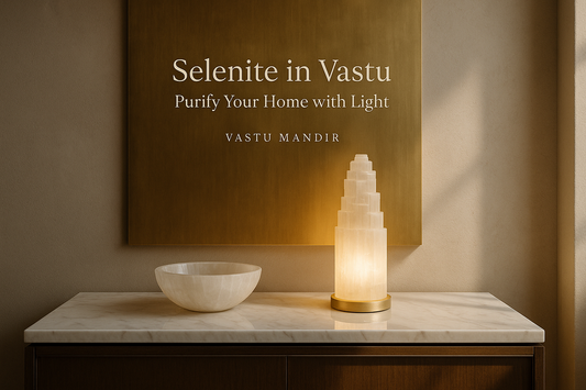 interior shot of a luxury Indian home corner featuring a glowing Selenite tower lamp, a selenite bowl with crystals, and soft natural daylight. Neutral textured wall, marble console, calm minimal styling. 