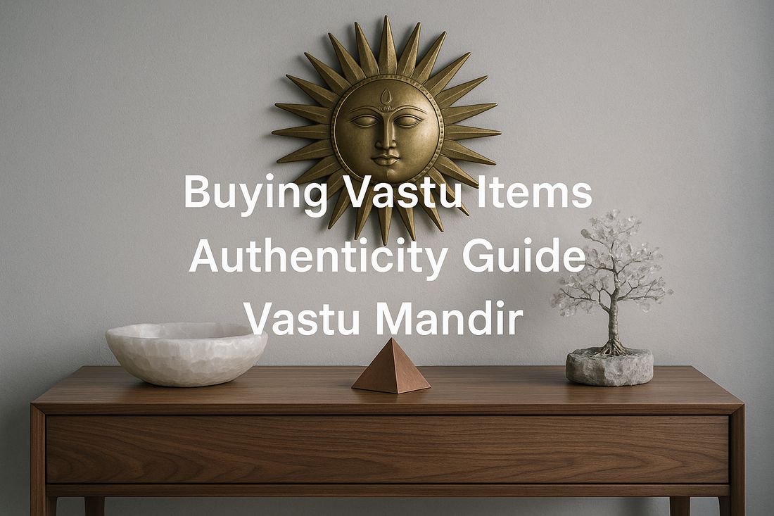 Luxury vastu console with brass Surya, selenite bowl, copper pyramid and crystal tree — premium editorial interior for Vastu Mandir authenticity guide
