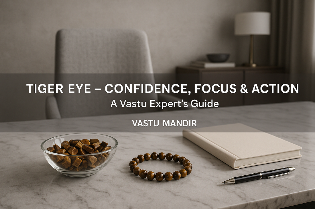 Tiger Eye crystal bowl and bracelet on luxury marble work desk in modern home office for confidence and focus Vastu guide