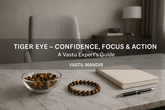 Tiger Eye crystal bowl and bracelet on luxury marble work desk in modern home office for confidence and focus Vastu guide