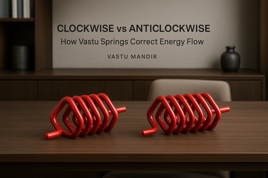 Clockwise and anticlockwise Vastu springs styled on a luxury neutral console for energy correction guide by Vastu Mandir.