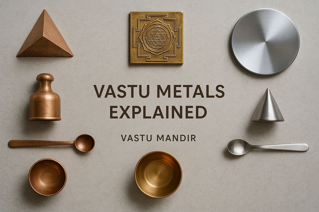 Copper, Brass, and Stainless Steel Vastu tools displayed on a luxury neutral console for comparison of energy and remedies.