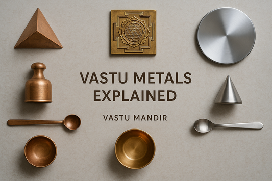 Copper, Brass, and Stainless Steel Vastu tools displayed on a luxury neutral console for comparison of energy and remedies.