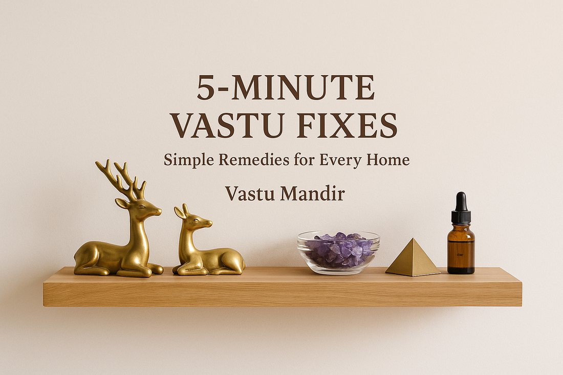 Modern neutral home interior showing Vastu remedies like Selenite bowl, brass Surya and crystal chips on a shelf