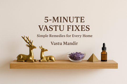 Modern neutral home interior showing Vastu remedies like Selenite bowl, brass Surya and crystal chips on a shelf
