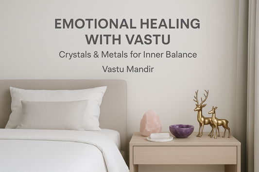 Modern healing corner with selenite, rose quartz, amethyst and brass idols arranged for emotional Vastu remedies.