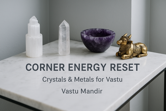 Luxury modern home corner with selenite, crystals and brass idols arranged to clear stagnant Vastu energy.  vastu remedies for corners