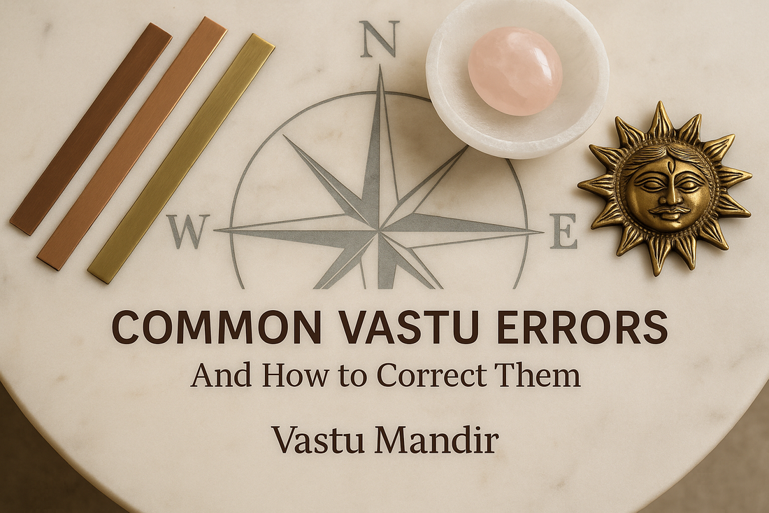 Modern luxury home showing crystals, metal strips and brass idols illustrating common Vastu mistakes and corrections.