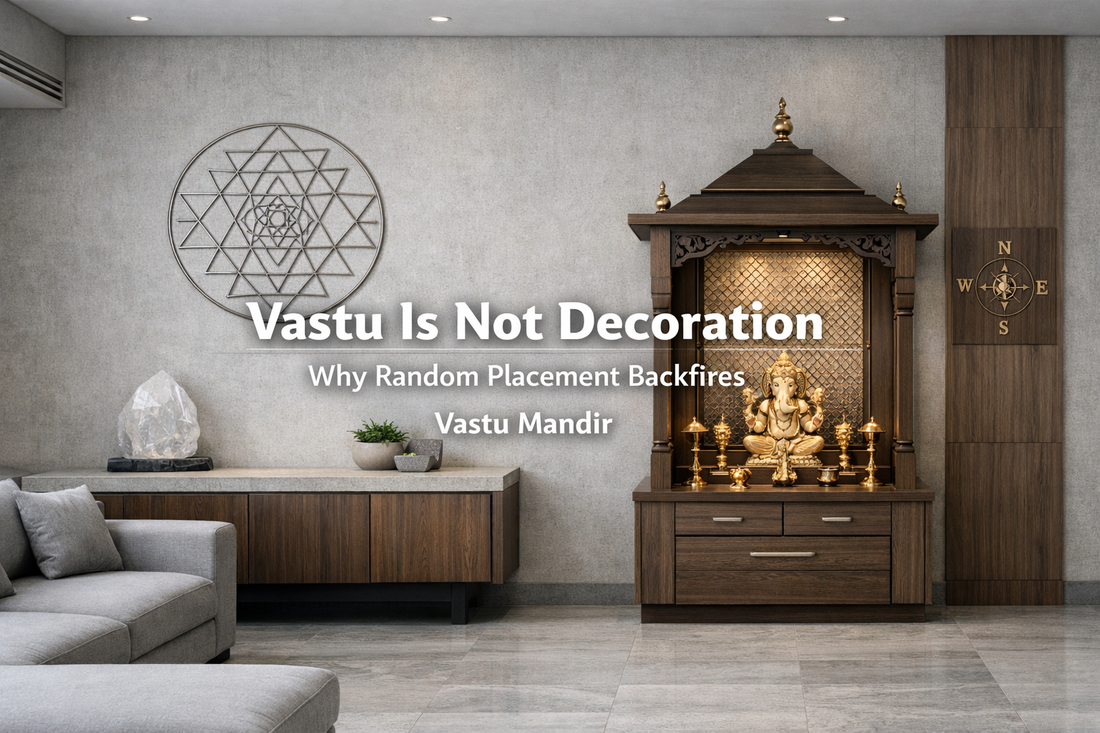 A modern Indian living room with a clearly defined mandir corner, brass diya, subtle sacred geometry wall art, a crystal placed intentionally on a console, visible directional balance