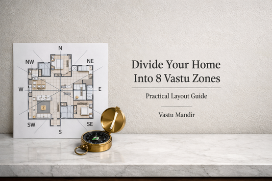 Architectural floor plan divided into eight Vastu zones with compass for directional mapping