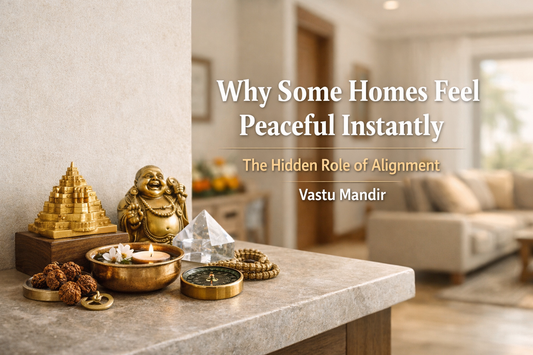 Peaceful modern Indian home interior with Vastu-aligned arrangement and bold centered blog title