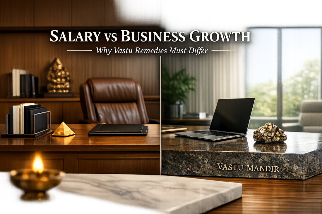 Scene:  Split composition inside a luxury modern Indian home office. TEXT: Main Title (thick bold serif):  SALARY VS BUSINESS GROWTH Subtitle:  Why Vastu Remedies Must Differ Brand subtle bottom right:  VASTU MANDIR