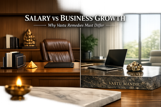 Scene:  Split composition inside a luxury modern Indian home office. TEXT: Main Title (thick bold serif):  SALARY VS BUSINESS GROWTH Subtitle:  Why Vastu Remedies Must Differ Brand subtle bottom right:  VASTU MANDIR