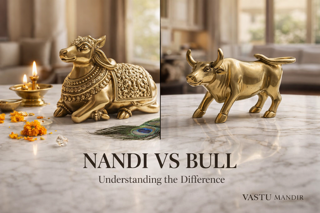 A split composition showing two brass sculptures on a polished marble surface engraved subtly with “Vastu Mandir”.
