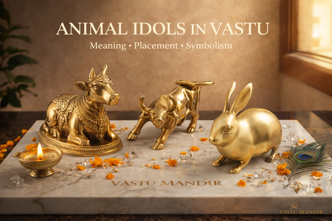 A premium spiritual décor arrangement displaying multiple brass animal idols placed on a polished marble slab engraved subtly with “Vastu Mandir”.