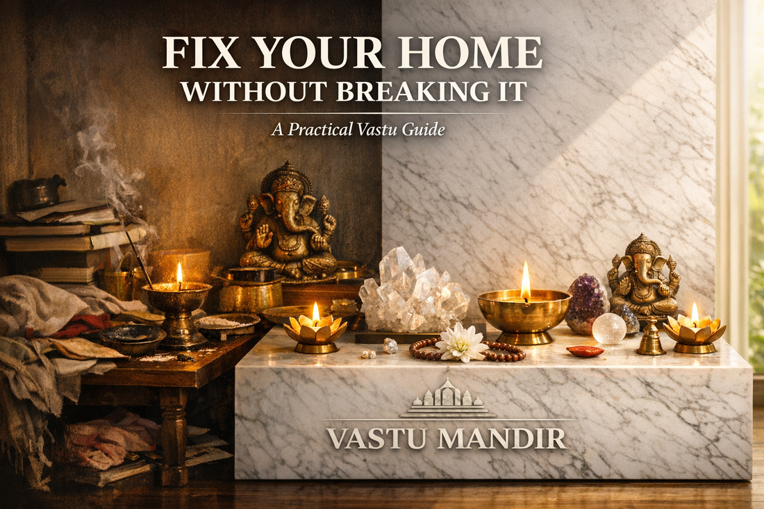 Scene: Modern Indian home interior showing transformation.  Left side: slightly cluttered, dim corner  Right side: clean, balanced space with marble slab, diya, crystals  Foreground: subtle Vastu Mandir engraving on marble