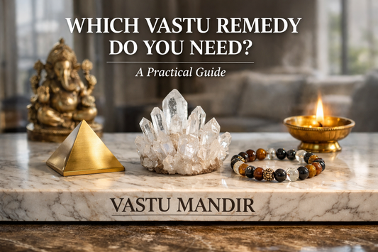 Scene: Marble slab engraved “Vastu Mandir”.  Objects arranged in structured layout: • pyramid (left) • crystal cluster (center) • bracelet (right) • subtle animal idol in background • brass diya softly glowing  Background: luxury modern Indian interior