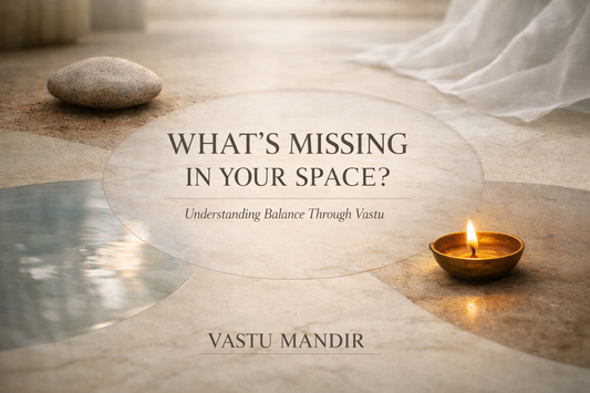 A clean stone or marble surface with a subtle “Vastu Mandir” engraving.  Composition: A circular or radial arrangement (not symmetrical grid) representing balance.  Five subtle zones, each hinting at an element: