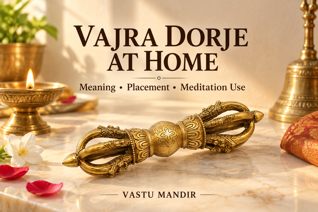 Brass Vajra Dorje placed respectfully on an ivory cloth in a home meditation space