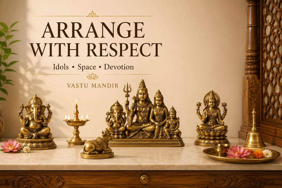 Multiple brass God idols arranged respectfully in a clean Vastu home mandir with Ganesha, Shiva, diya, bell, flowers, and sacred tray.