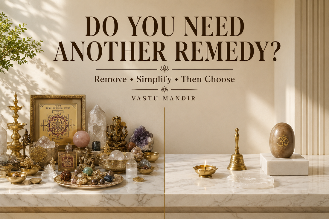 Minimal Vastu setup compared with an overcrowded sacred arrangement, showing when not to add more Vastu remedies.