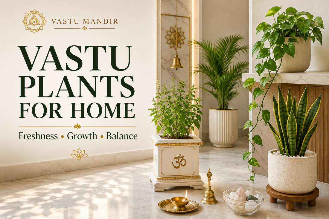 Healthy Vastu plants including Tulsi, Money Plant, Snake Plant, Peace Lily, brass diya, bell, and crystal bowl in a modern Indian home corner.