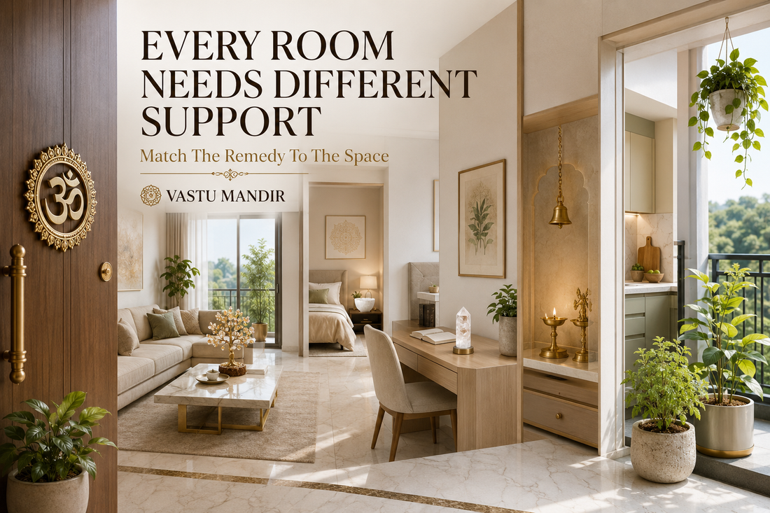 Modern Indian home showing room-by-room Vastu product placement with entrance symbol, living room crystal tree, bedroom selenite bowl, work desk crystal, sacred corner diya, kitchen lighting, and plants.