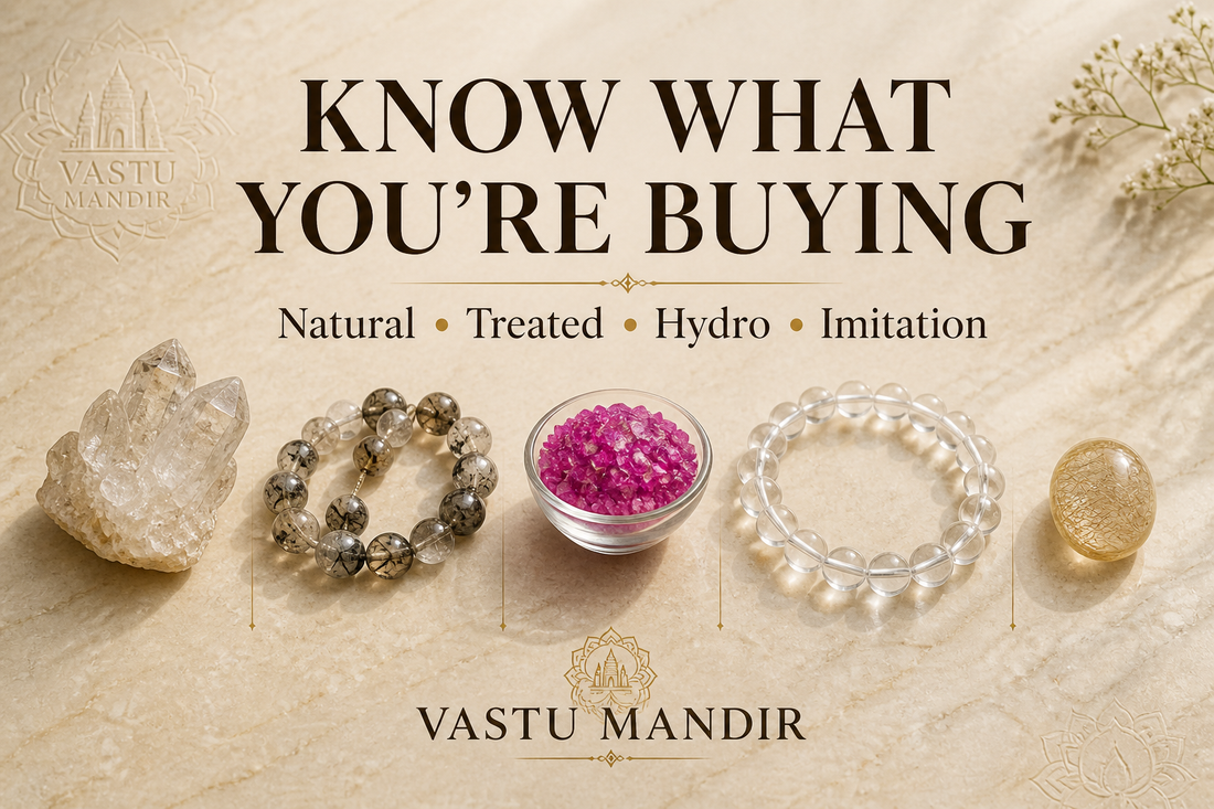 Natural raw crystal, polished beads, dyed chips, and hydro quartz bracelet displayed on a luxury stone surface to explain treated vs natural crystals.