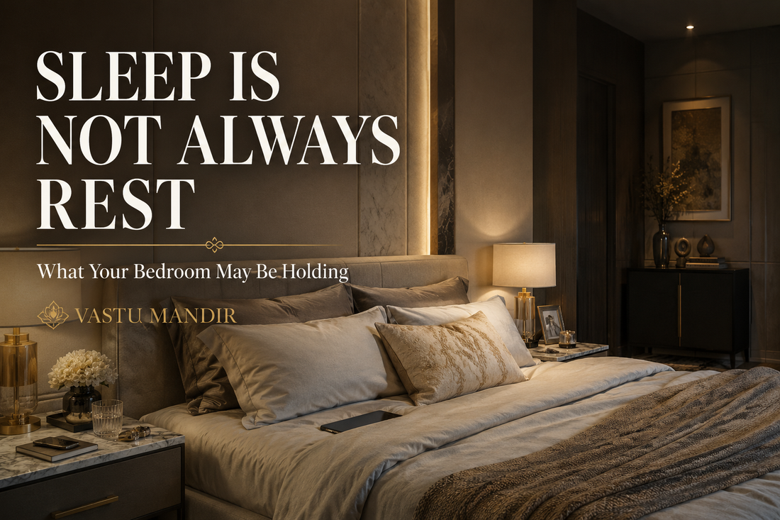 Luxury bedroom with subtle clutter, soft lighting, and bedside objects showing why a bedroom may feel tiring after sleep.