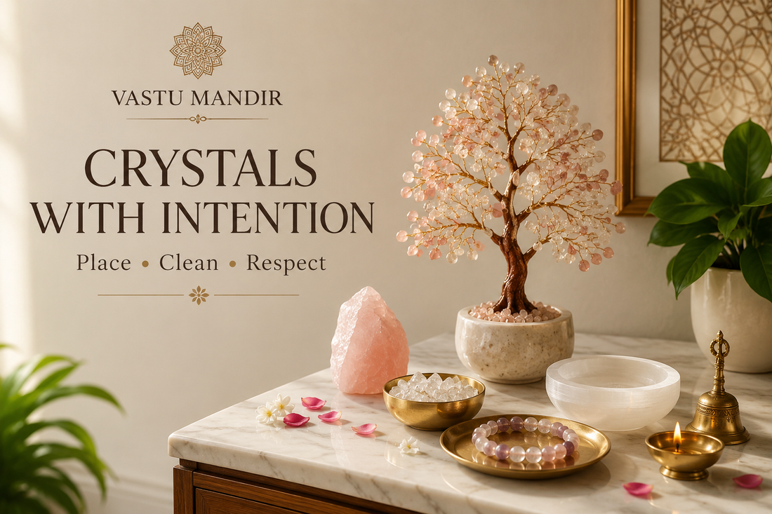 Crystal tree, raw stone, crystal chips bowl, selenite plate, bracelet, brass diya, and plant placed as Vastu home décor in a modern Indian home.