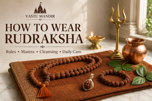 Natural Rudraksha mala and pendant arranged with Shiva symbols for respectful wearing and daily care