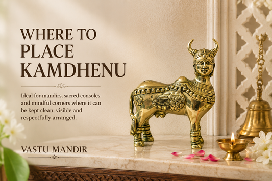 Brass Flying Kamdhenu Cow idol with diya, bell, flowers, and clean sacred tray in a Vastu-aligned prosperity corner.