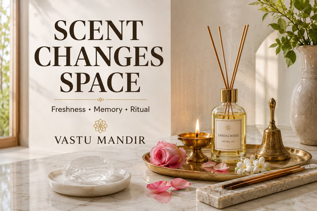 Aroma oil, diya, incense, rose petals, brass bell, crystal bowl, and selenite plate arranged in a modern Vastu home fragrance ritual setup.