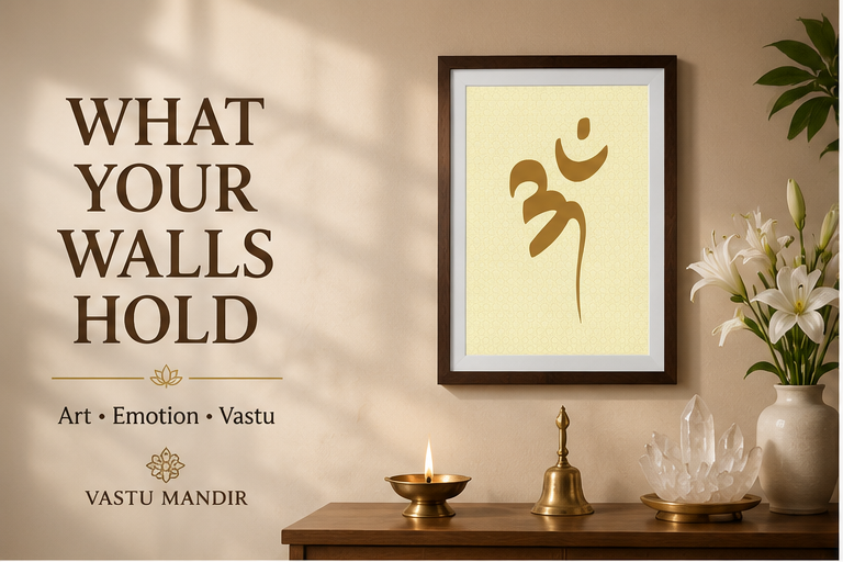 Vastu wall art in a modern Indian living room with lotus painting, sunrise artwork, brass diya, crystal bowl, and healthy plant on a premium console.