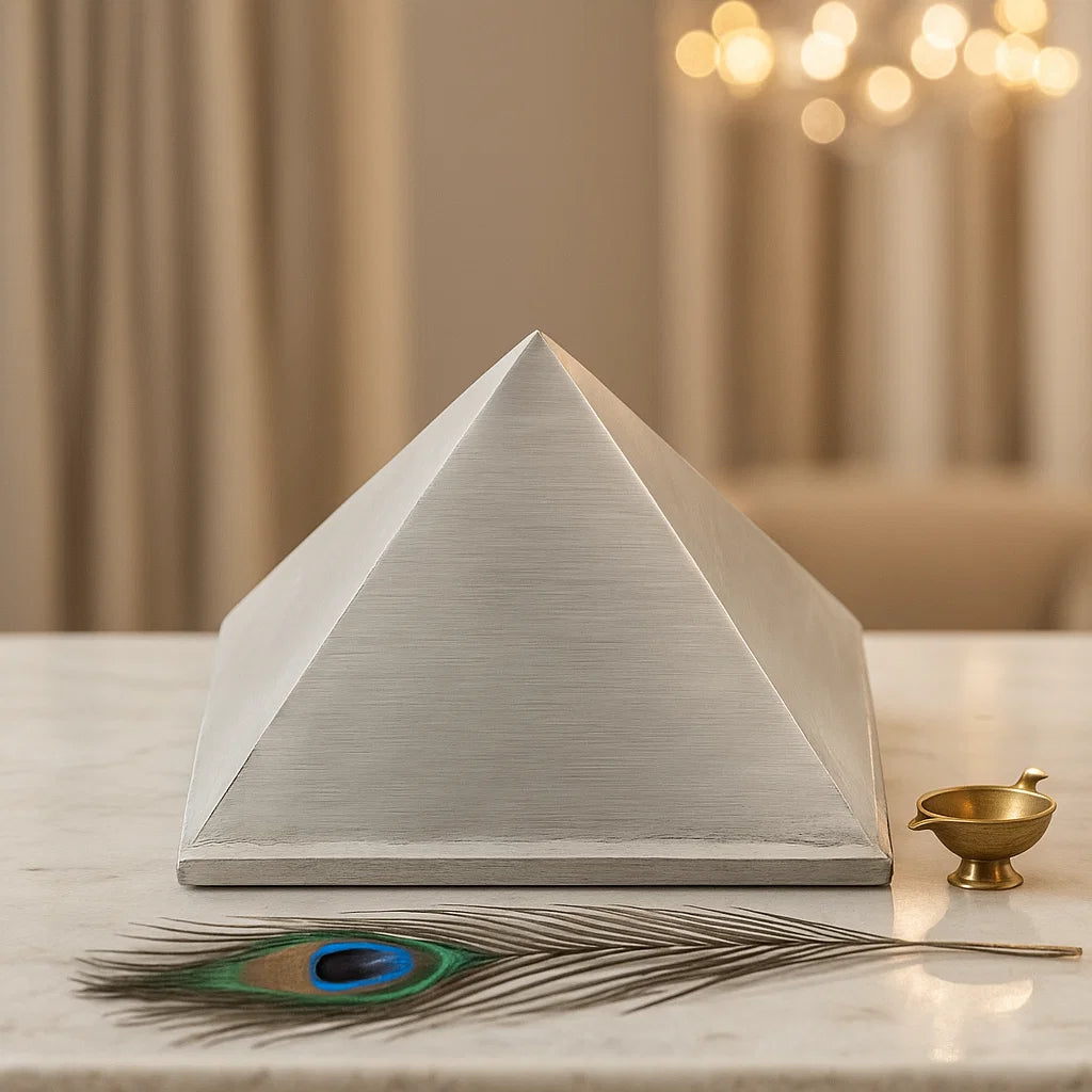 Vastu Pyramid on a marble surface with a peacock feather and small golden bowl.