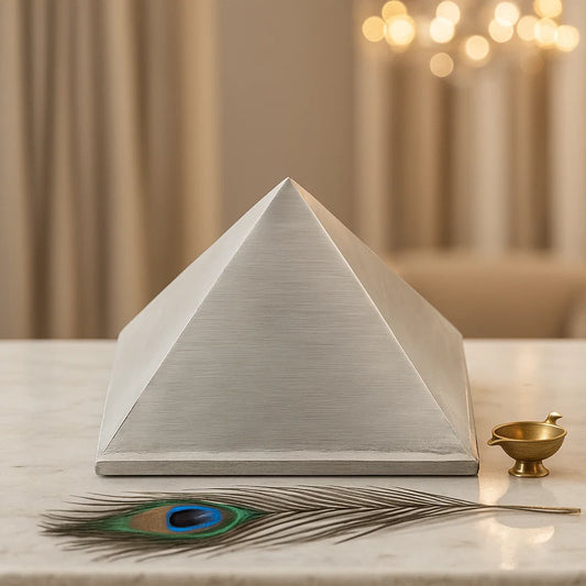 Vastu Pyramid on a marble surface with a peacock feather and small golden bowl.