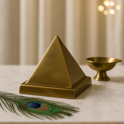 Golden vastu pyramid on a marble surface with a peacock feather and another small bronze bowl in the background.