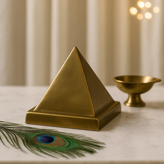 Golden vastu pyramid on a marble surface with a peacock feather and another small bronze bowl in the background.