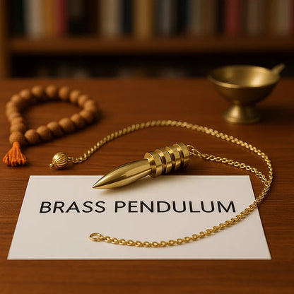 Vast Brass pendulum on a card with a blurred bookshelf background