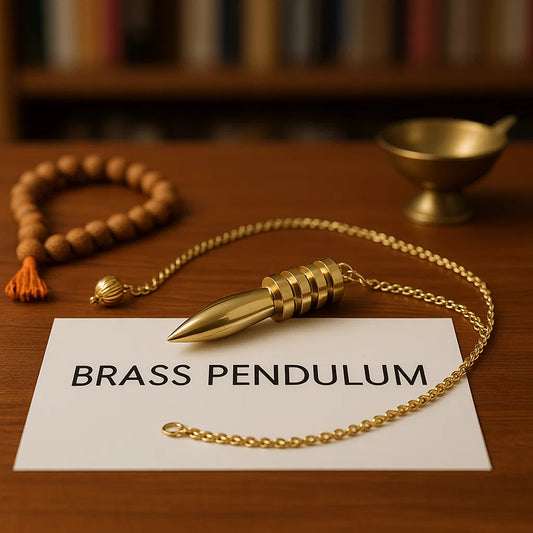 Vast Brass pendulum on a card with a blurred bookshelf background