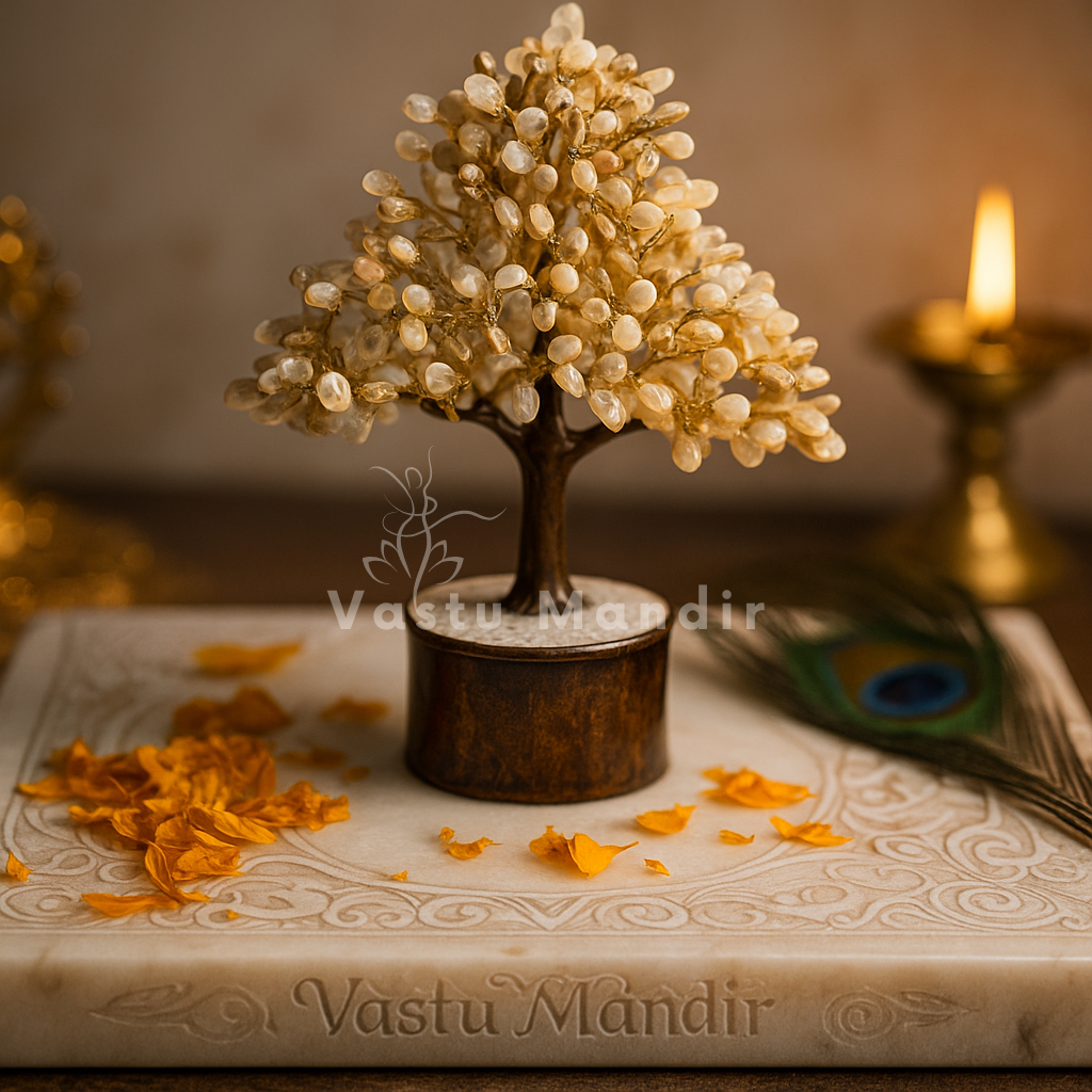 White shell crystal bonsai tree used as a Drishti Dosha remover and Vastu correction tool for the office desk.

