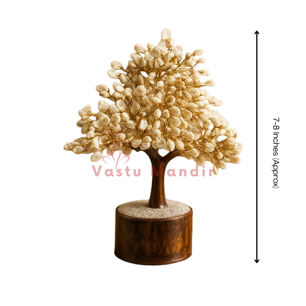 Decorative tree with stones on a wooden base, branded 'Vastu Mandir', on a white background.