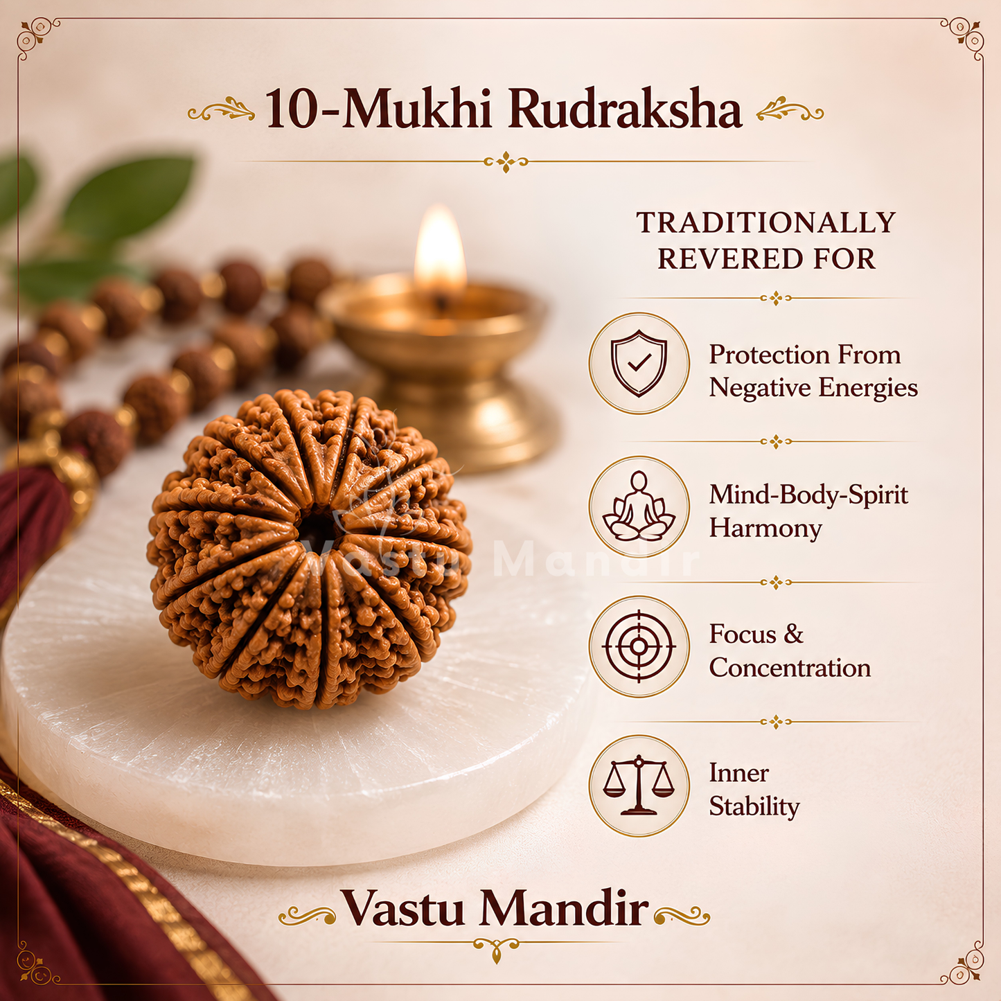 Lab Certified 10 Mukhi Rudraksha – Vastu Remedy for Evil Eye Protection & Peace | Ideal for Main Door & Vishnu Altars