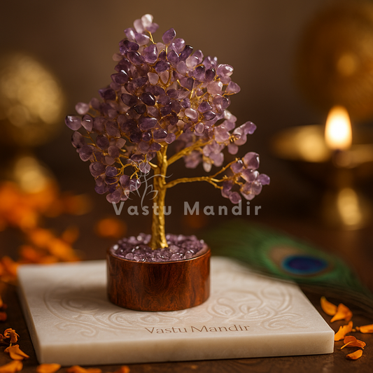 Amethyst crystal tree on a wooden base with 'Vastu Mandir' branding, set against a warm-toned background.