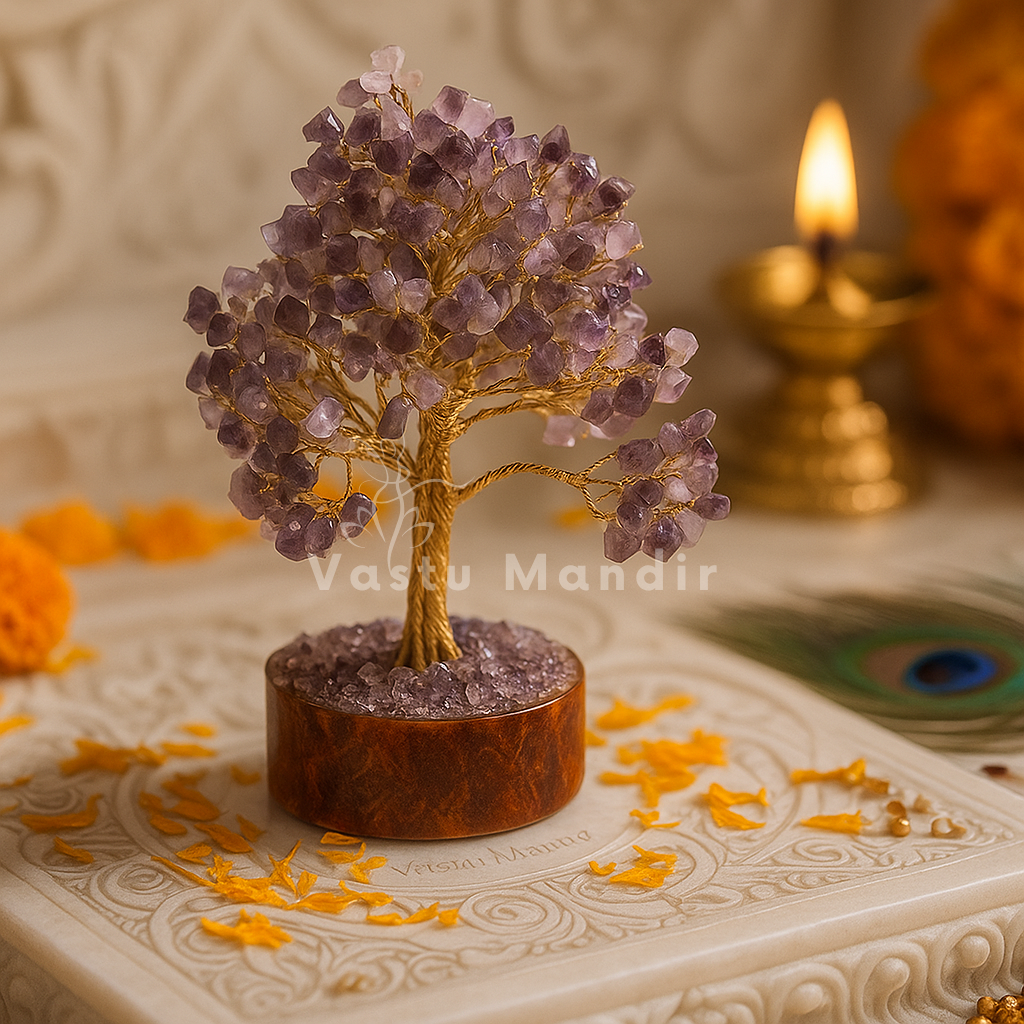 Large Amethyst Vastu Tree with 300 beads on a decorative plate with a lit candle in the background