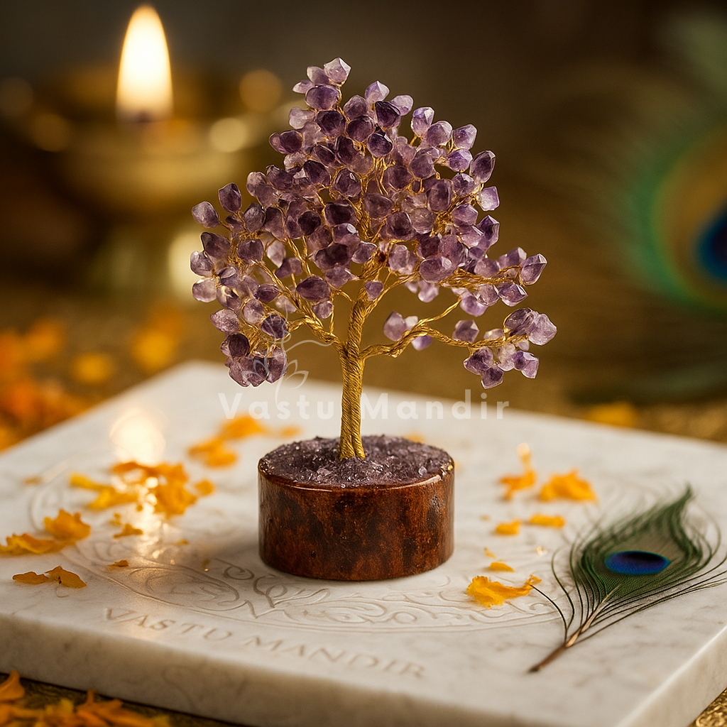 Amethyst Vastu Tree with 300 beads on a marble base with a peacock feather, set against a warm background.
