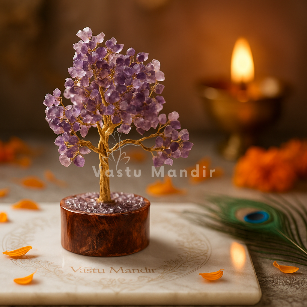 Amethyst Vastu Tree with 300 beads on a wooden base with 'Vastu Mandir' branding, surrounded by orange flowers and a peacock feather.