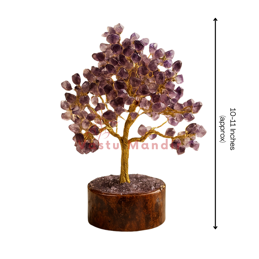 Amethyst Vastu Tree with 300 beads on a wooden base with measurement label